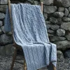 Aran Cable Knit Blanket Super Soft Merino Grey/Blue