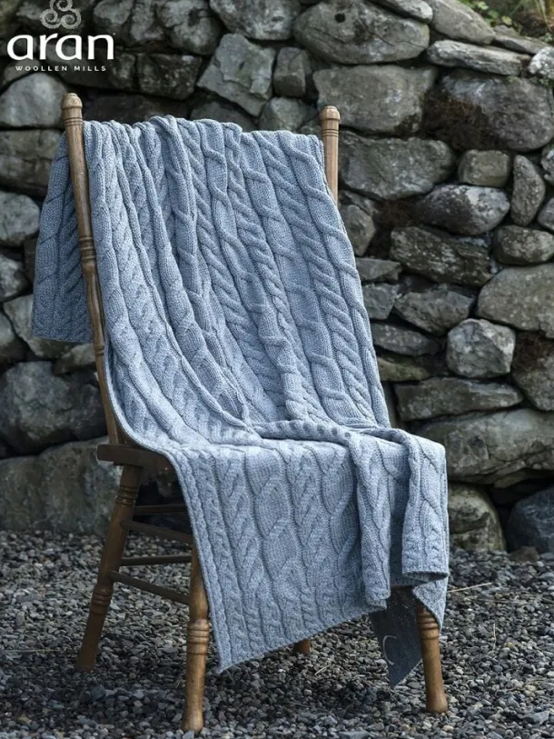 Aran Cable Knit Blanket Super Soft Merino Grey/Blue