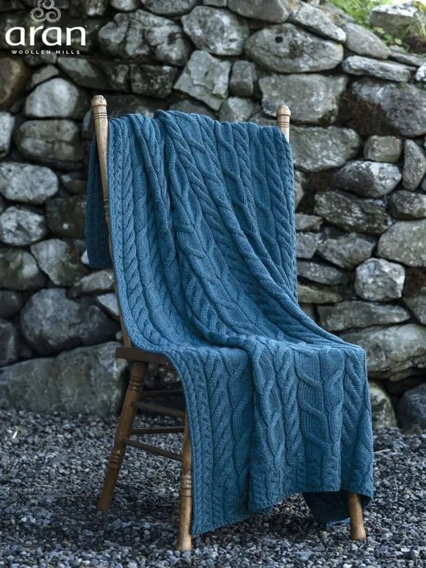 Aran Cable Knit Blanket Super Soft Merino Ocean Blue