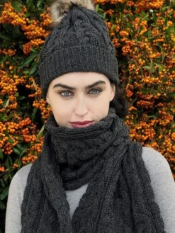 Aran Cable Knit Hat Pom Pom Charcoal