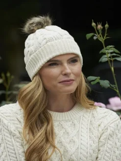 Aran Cable Knit Hat Pom Pom Natural
