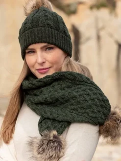 Aran Cable Knit Hat Pom Pom Green