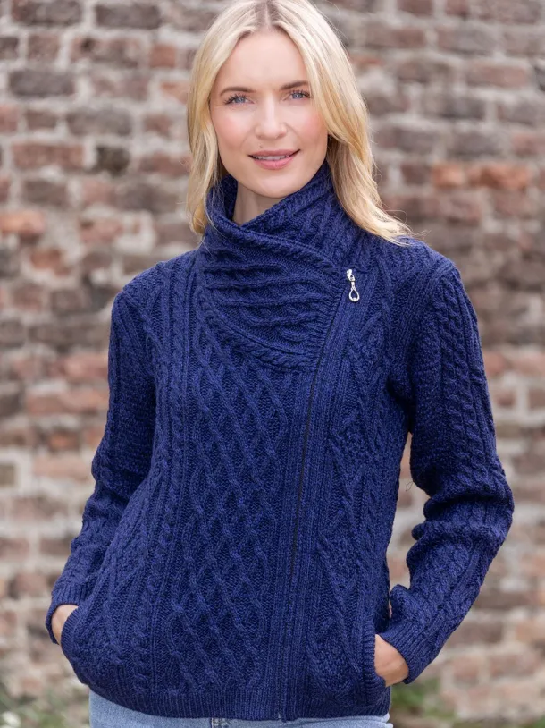 Aran Cable Knit Side Zip Deep Water Blue