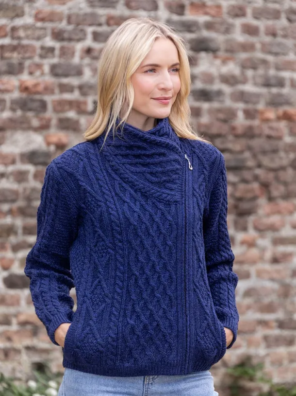 Aran Cable Knit Side Zip Deep Water Blue