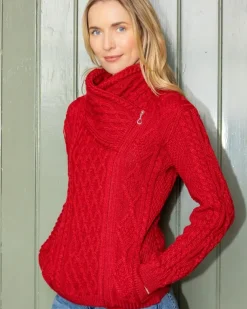 Aran Cable Knit Size Zip - Red