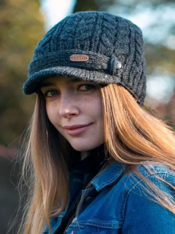 Aran Cable Peak Hat Lined Charcoal