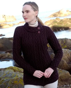 Aran Cardigan with Side Buttons Damson