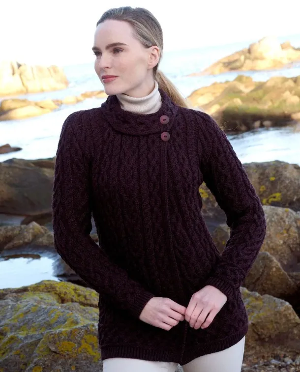 Aran Cardigan with Side Buttons Damson