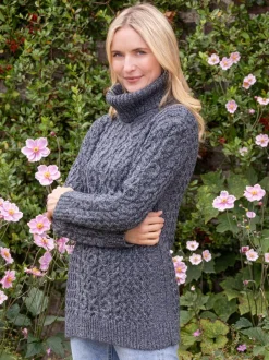 Aran Cowl Neck Merino Wool Sweater Slate