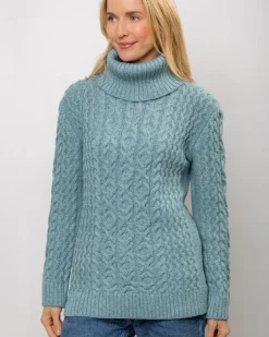 Aran Cowl Neck Merino Wool Aqua