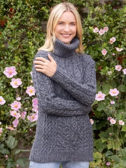 Aran Cowl Neck Merino Wool Sweater Slate