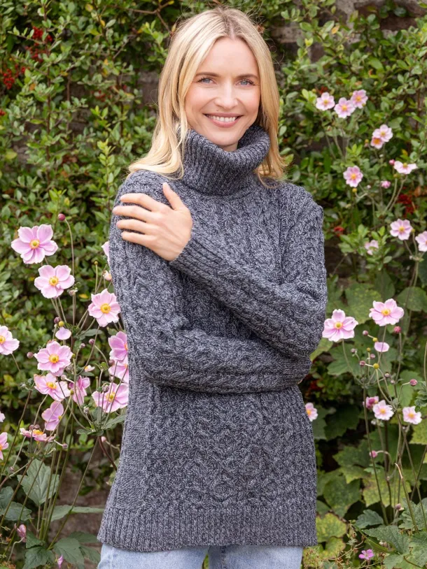 Aran Cowl Neck Merino Wool Sweater Slate