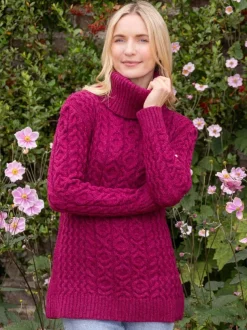 Aran Cowl Neck Merino Wool Raspberry