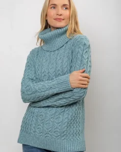 Aran Cowl Neck Merino Wool Aqua