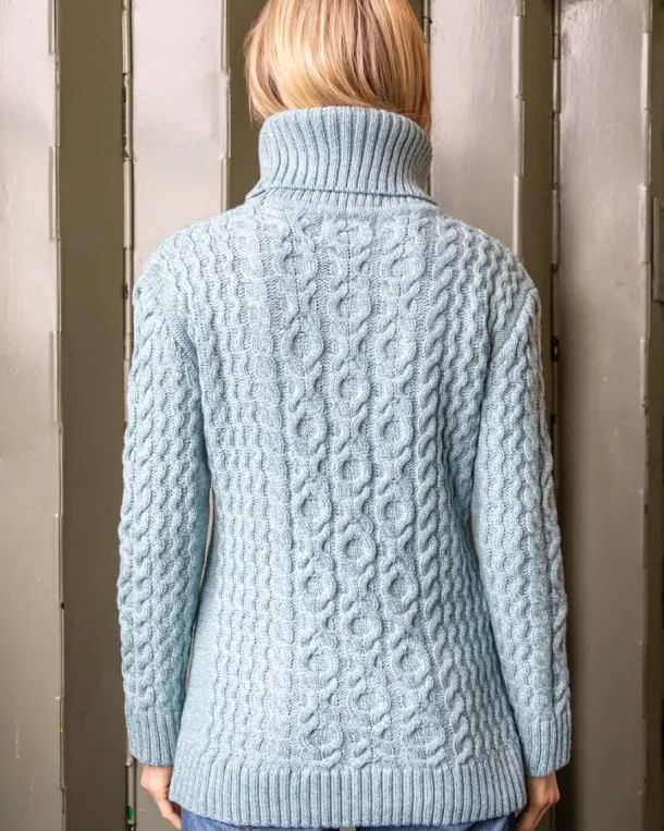 Aran Cowl Neck Merino Wool Aqua