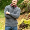 Aran Half Zip Sweater - 2507 Slate with wine collar