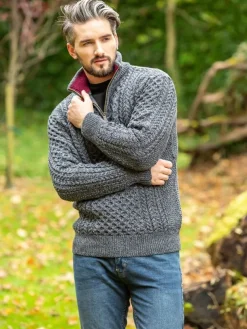 Aran Half Zip Sweater - 2507 Slate with wine collar
