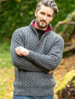 Aran Half Zip Sweater - 2507 Slate with wine collar