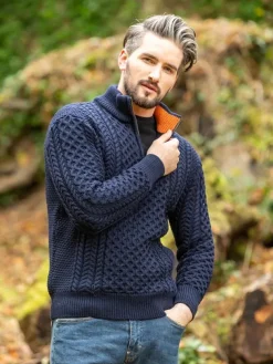ARAN HALF ZIP SWEATER 2507- Navy with Terracotta collar
