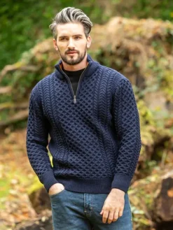ARAN HALF ZIP SWEATER 2507- Navy with Terracotta collar