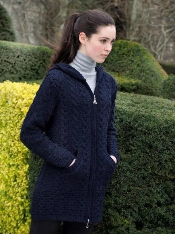 Aran Hooded Coat with Celtic Zipper Navy