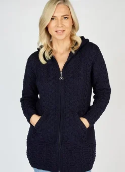 Aran Hooded Coat with Celtic Zipper Navy