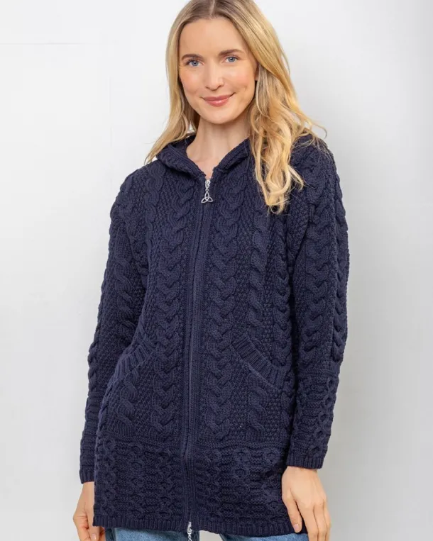 Aran Hooded Coat with Celtic Zipper Navy