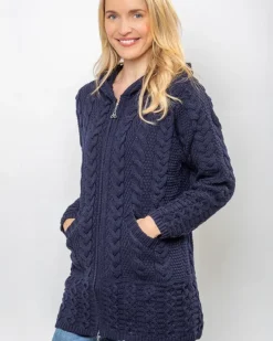Aran Hooded Coat with Celtic Zipper Navy