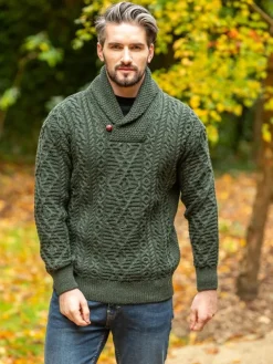 Aran Shawl Neck Sweater Army Green