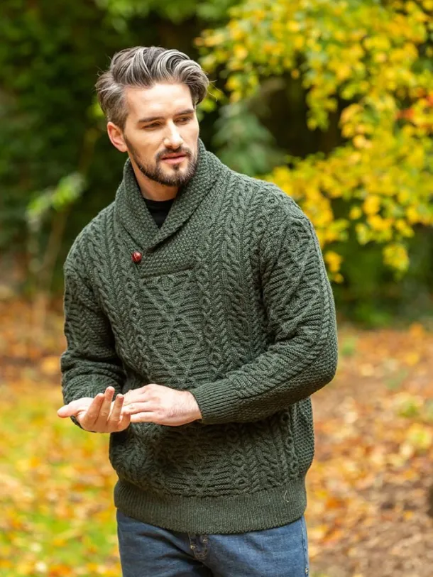Aran Shawl Neck Sweater Army Green