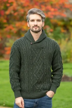 Aran Shawl Neck Sweater Army Green
