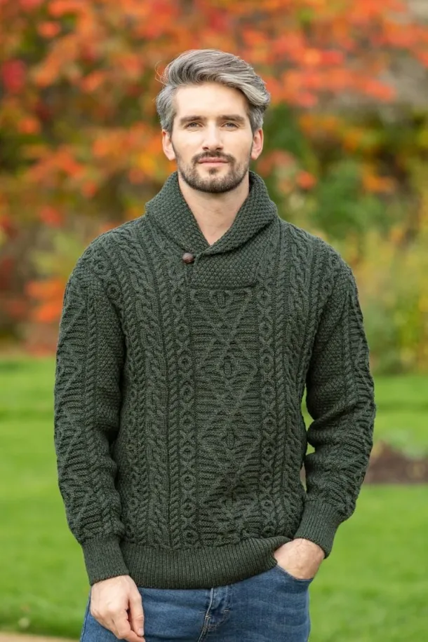 Aran Shawl Neck Sweater Army Green