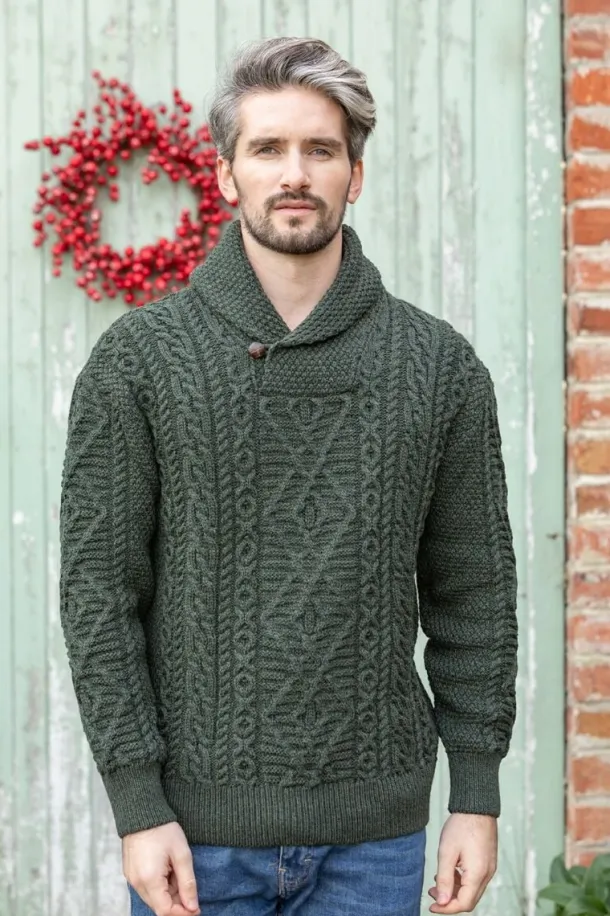 Aran Shawl Neck Sweater Army Green
