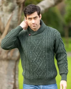 Aran Shawl Neck Sweater Army Green