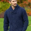 Aran Shawl Neck Sweater Deep Water Blue