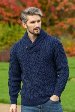 Aran Shawl Neck Sweater Deep Water Blue