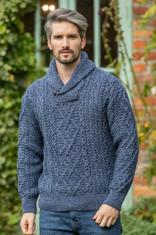 Aran Shawl Neck Sweater Denim