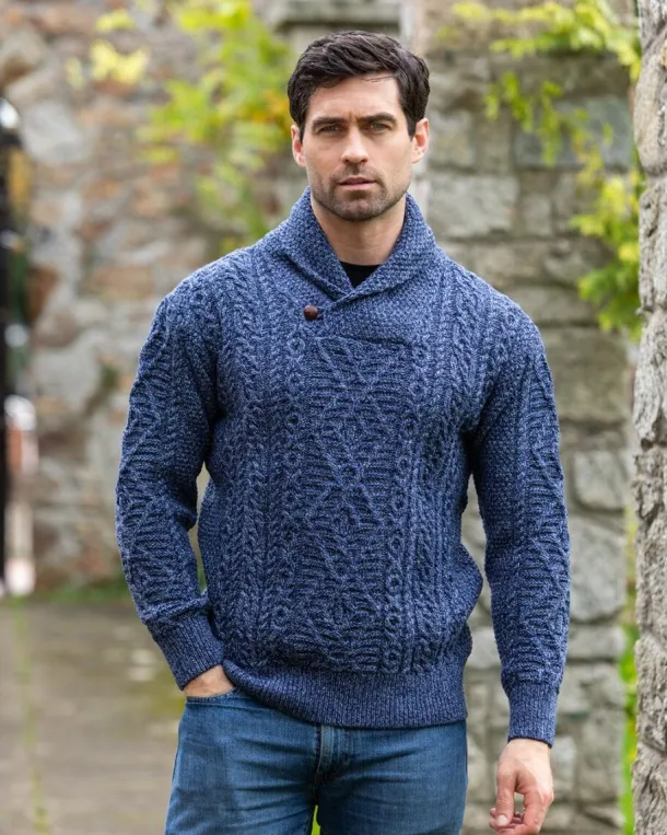 Aran Shawl Neck Sweater Denim