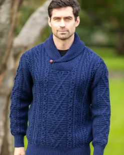 Aran Shawl Neck Sweater Deep Water Blue
