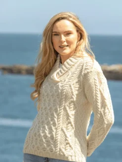 Bramble Aran Shawl Collar Sweater Natural