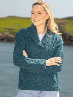 Bramble Aran Shawl Collar Sweater Atlantic