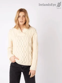 Bramble Aran Shawl Collar Sweater Natural