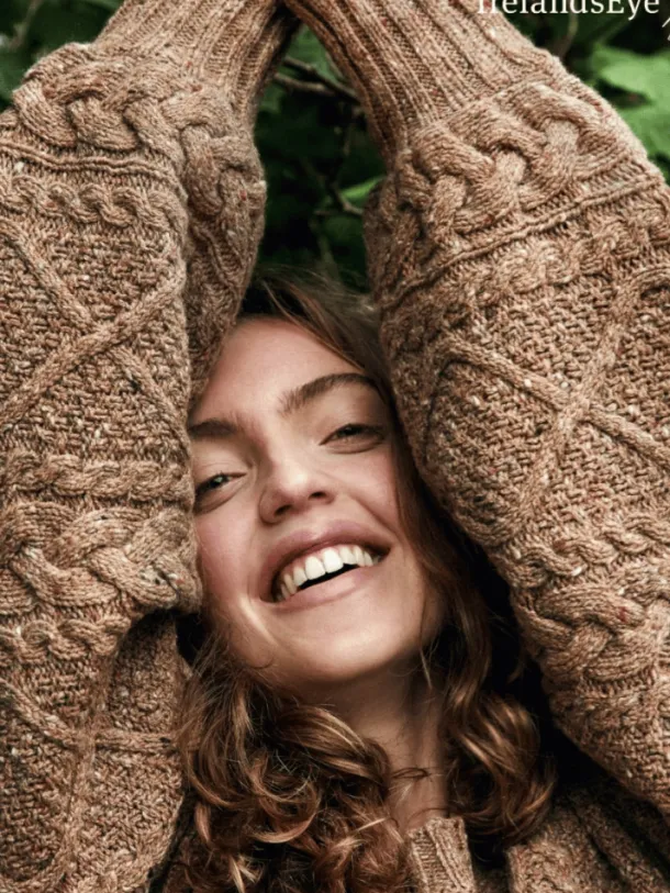Cable Knit Cropped Crew Neck Sweater Biscuit
