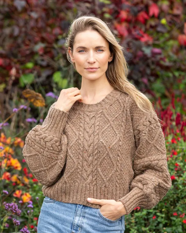 Cable Knit Cropped Crew Neck Sweater Biscuit