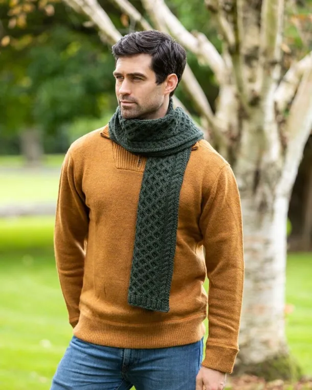 Cable Knit Unisex Scarf Army Green - 100% Merino Wool