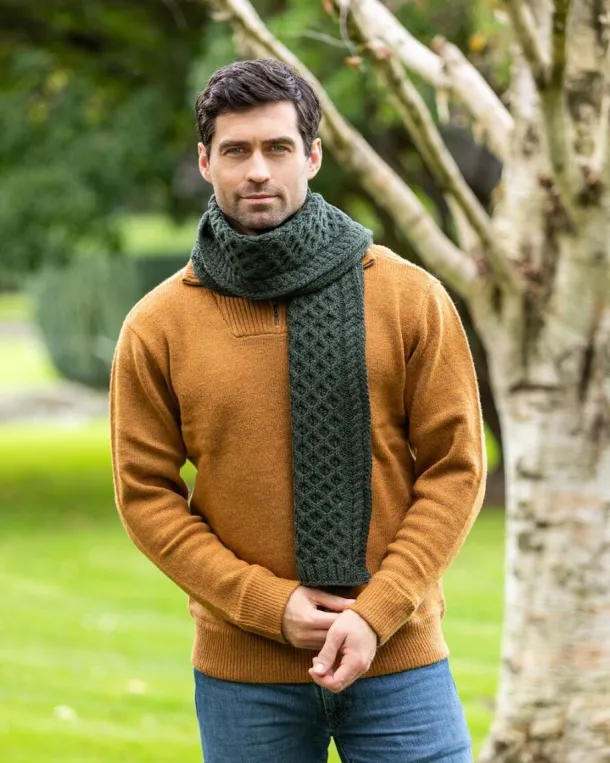 Cable Knit Unisex Scarf Army Green - 100% Merino Wool