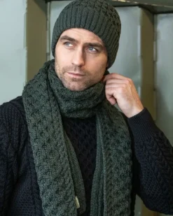 Cable Knit Unisex Scarf Army Green - 100% Merino Wool