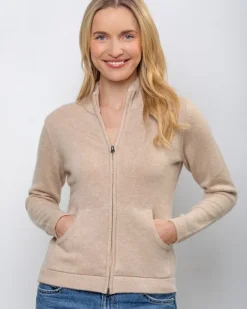 Cashmere and Merino Full Zip Cardigan Camel