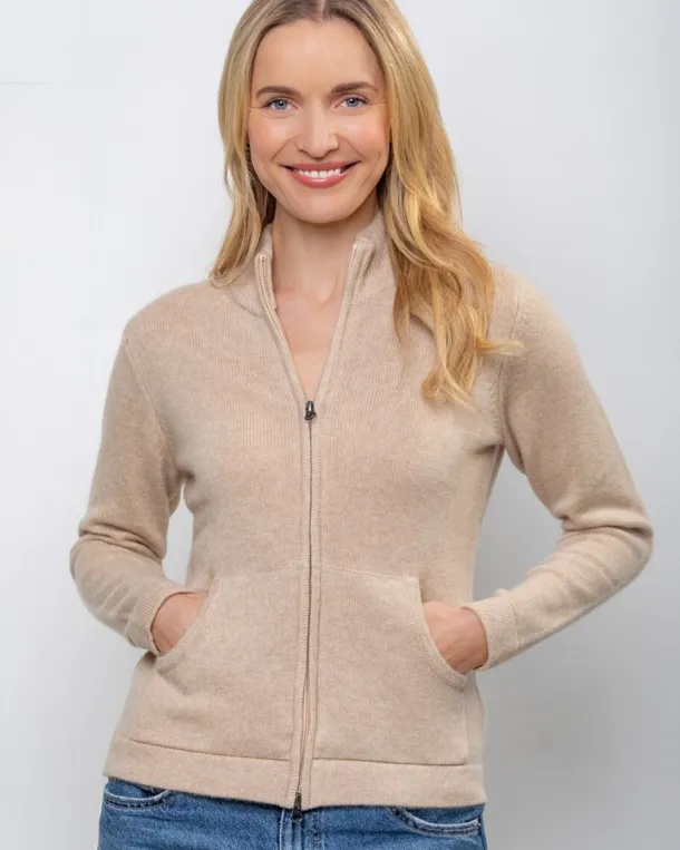 Cashmere and Merino Full Zip Cardigan Camel