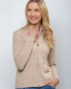 Cashmere and Merino Full Zip Cardigan Camel